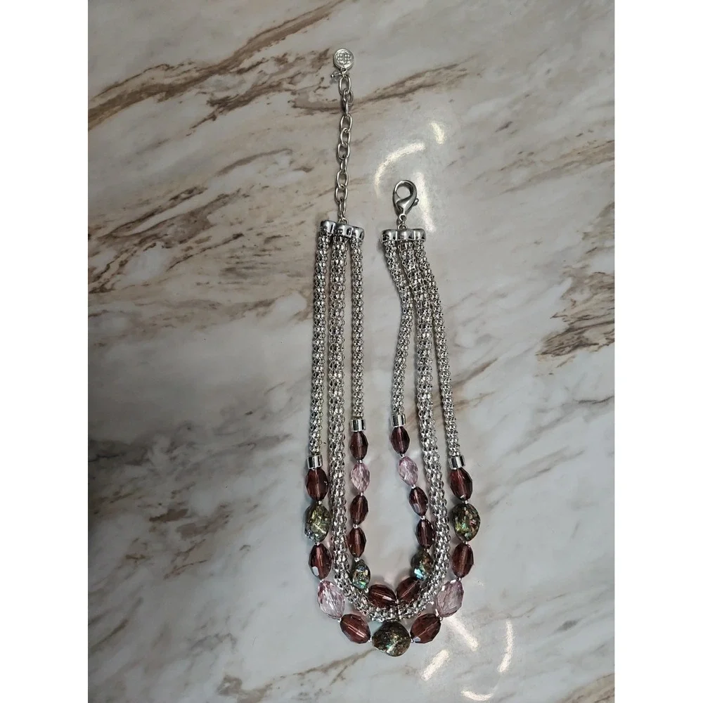 Dana Buchman Faceted Acrylic Purple Lavender Bead Statement Necklace Silver Tone